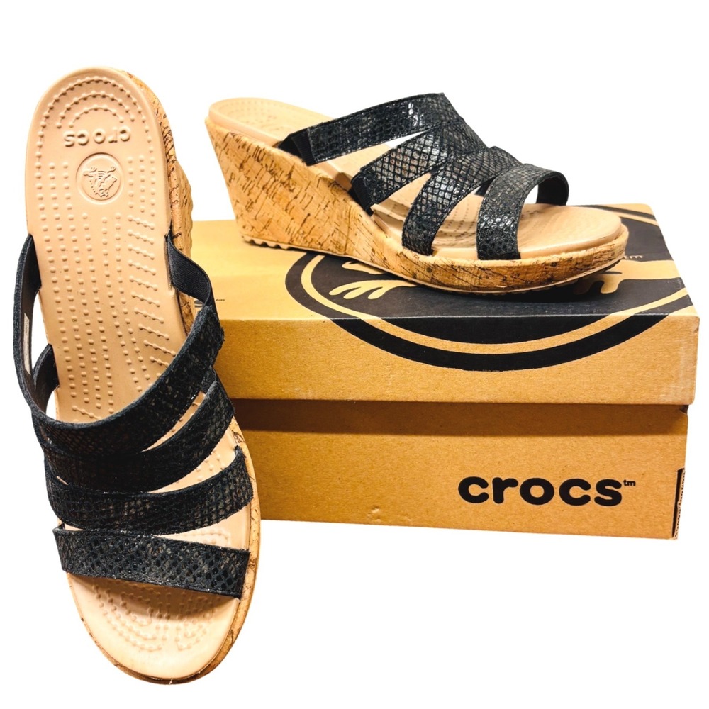 Crocs A-Leigh Black Snake Pattern Wedge Sandal 202040 Women 11